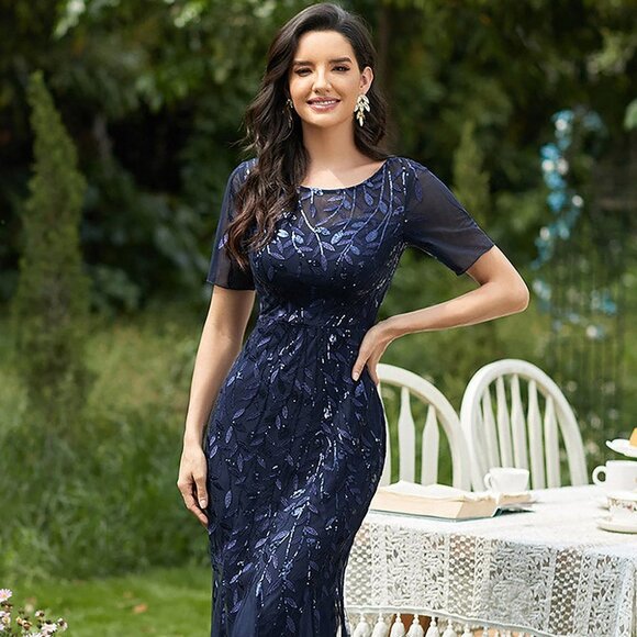 NEW MERMAID EMBROIDERED LEAVES PATTERNS DRESS WITH ILLUSION SCOOP NECK AC 7707
